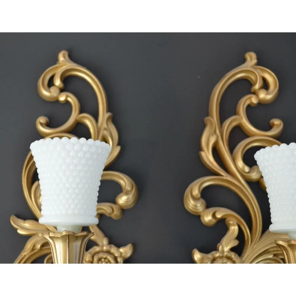 Syroco Vintage Hollywood Regency Gold Painted Candle Sconces with Milkglass Voti